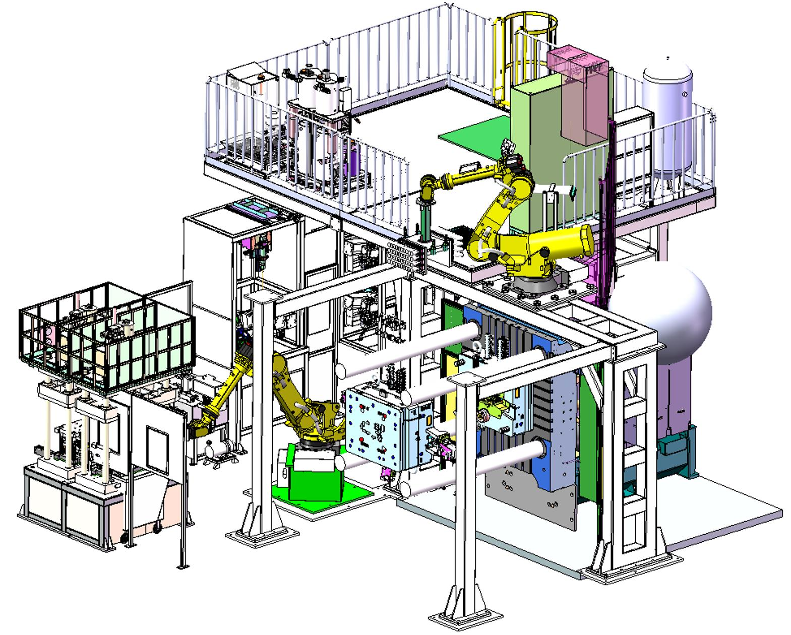 布勒1400t壓鑄機周邊用噴涂-取件、冷卻、鑲件預熱·鑲嵌、去渣包、精切機器人自動化系統