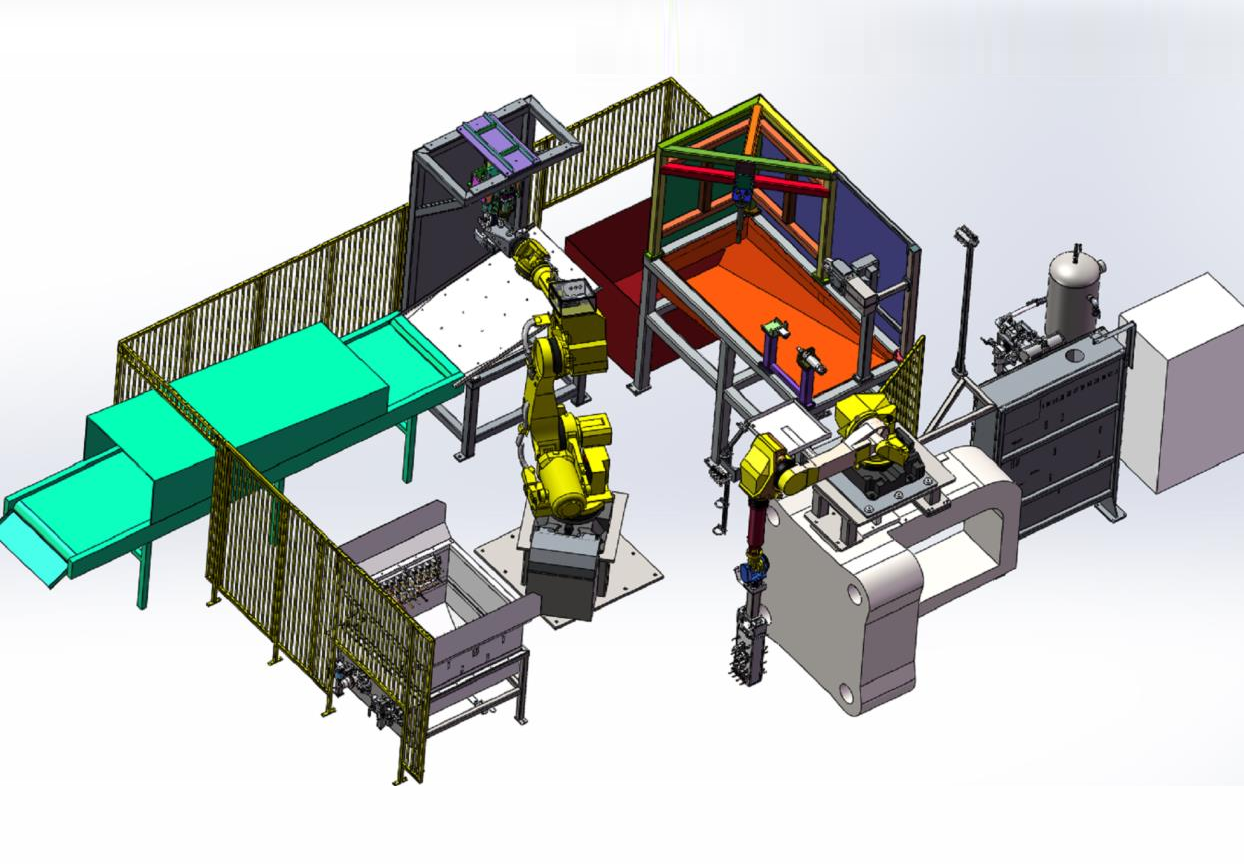 東芝800t壓鑄機(jī)周邊用噴涂-取件、去渣包、冷卻、去澆口機(jī)器人自動(dòng)化系統(tǒng)