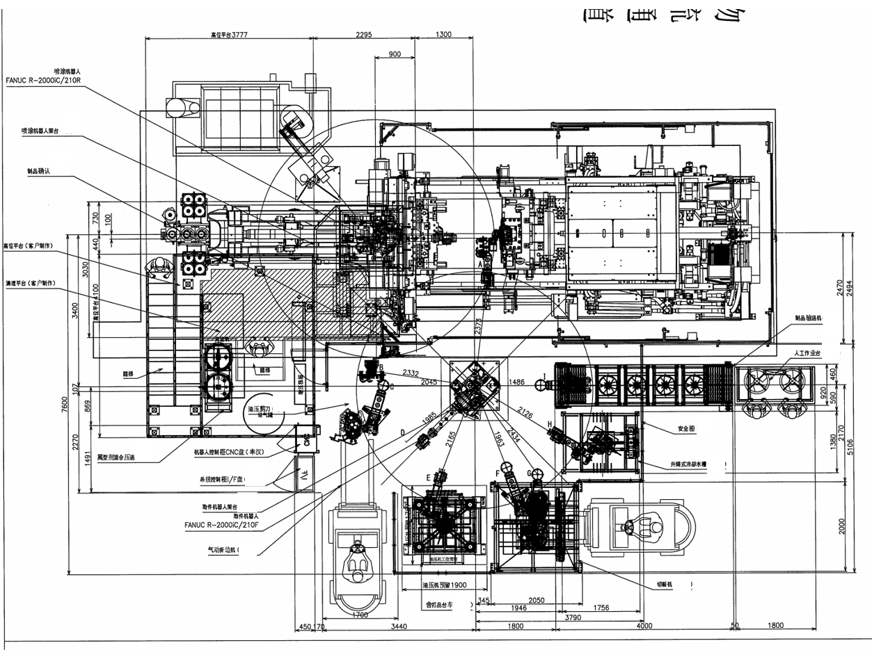 布勒2800t壓鑄機周邊用噴涂-取件、去渣包、冷卻、切斷機器人自動化系統改造